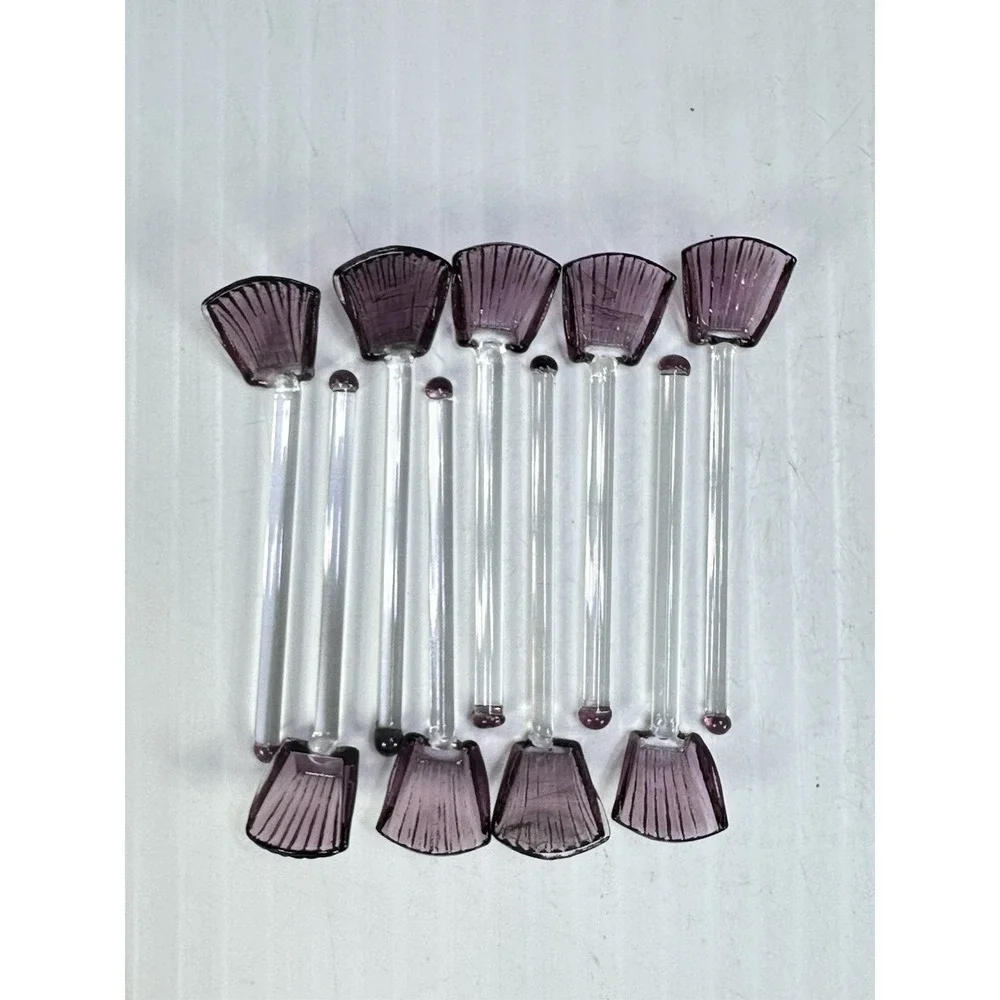 Lot Of 9 Vintage Amethyst Clamshell Shaped Glass Spoons Salt Cellars Condiments